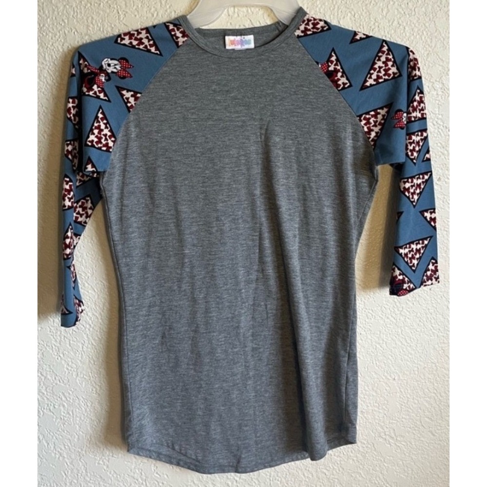 LuLaRoe Disney‎ Minnie Mouse Randy Baseball Tee Gray Blue Women's XXS Raglan EUC